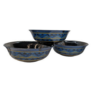 SET of 3 Yucatan Bowls Arcoroc France Black Glass with Blue & Gold